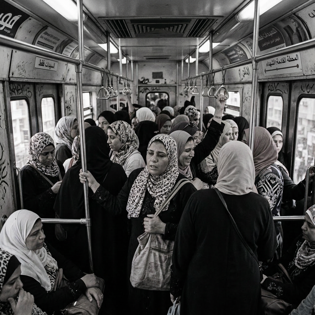 Crowded Cairo women-only metro carriage, hot, chaotic