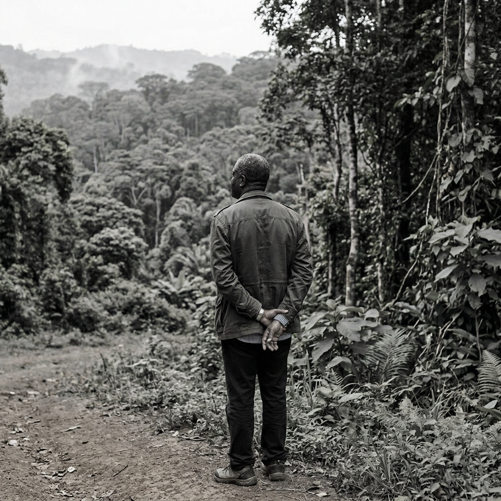 Man resembling Denis Mukwege facing Congolese forest, back view