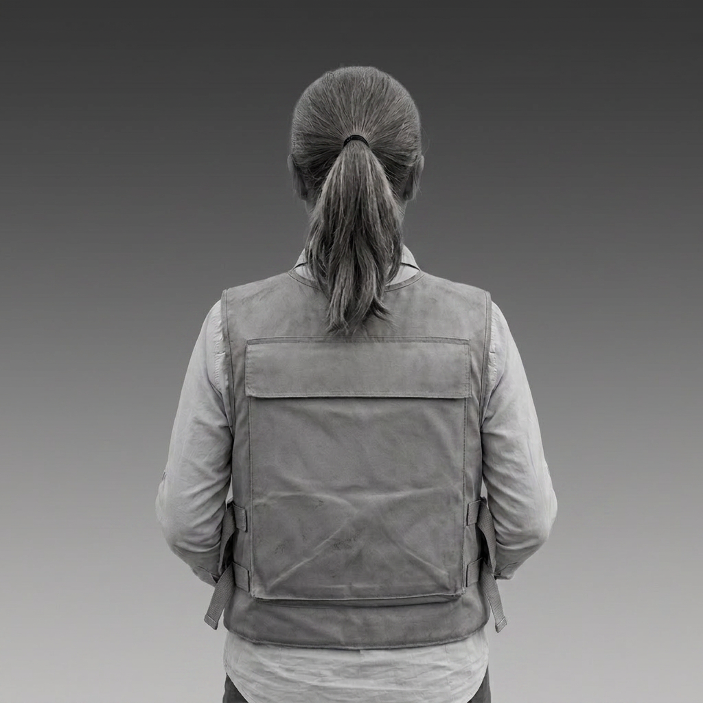 Person wearing a United Nations vest standing outdoors facing away