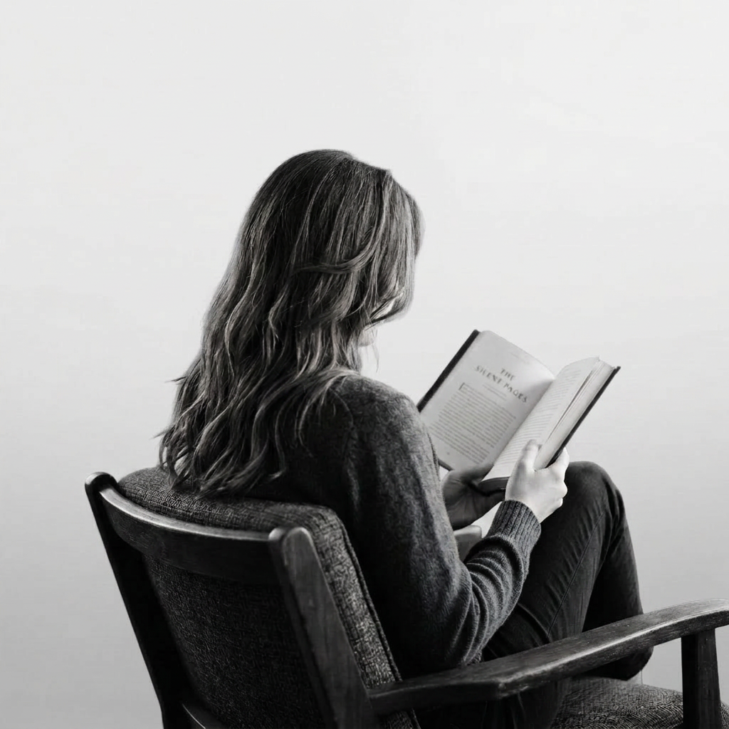 Person sitting in a chair reading a book titled 'The Silent Pages' in a cozy room.