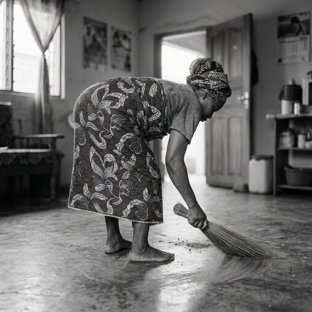 Woman wearing yellow gloves and colorful headscarf scrubbing floor with brush near red bucket